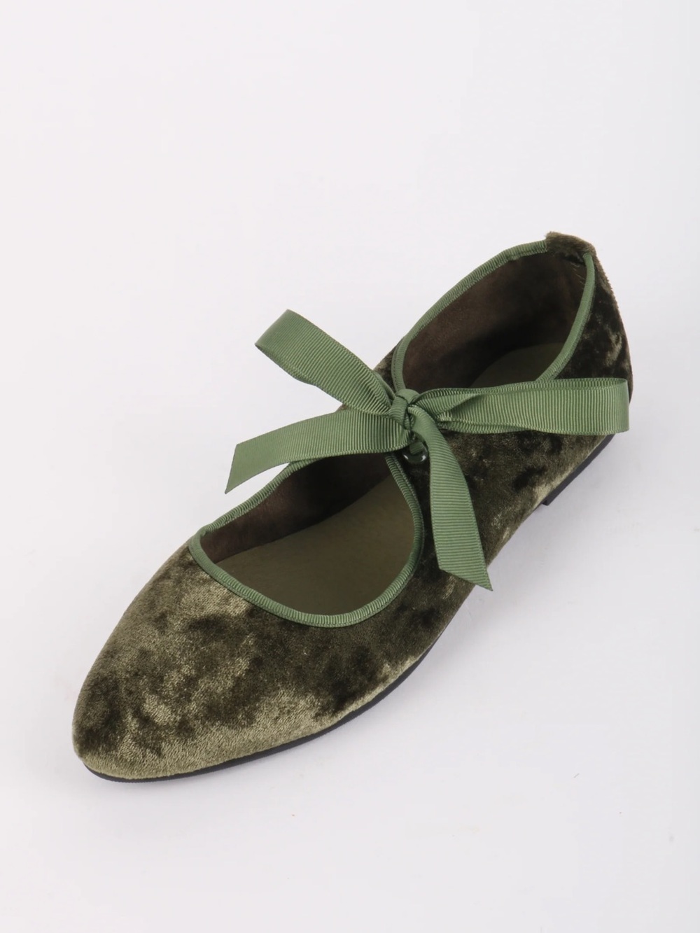 Intentionally Blank Olive Green Velvet Ballet Flats with Ribbon Tie - Brand New